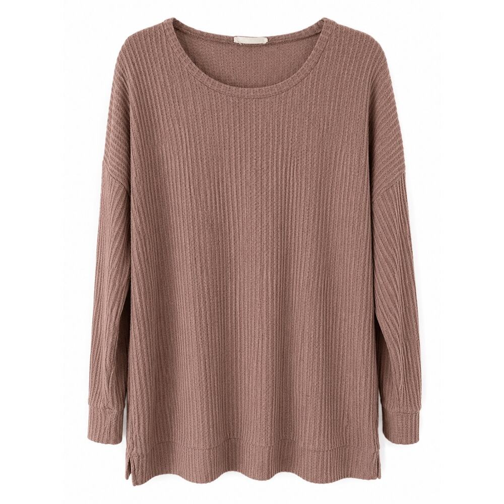 Zenana Waffle Knit Thermal Top Womens Large Mauve Tan Oversized Side Slit Tunic